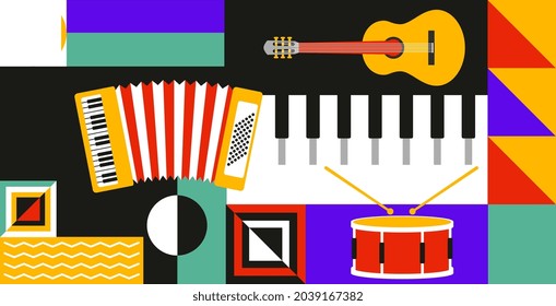 Geometric abstract background. Street wall art with musical instruments, triangles, circles and lines. Decorative element for holiday or festival. Cartoon flat vector illustration in retro style