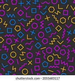 Geometrischer abstrakter Hintergrund im Stil von Memphis. Nahtloses kreatives Retro-Muster mit geometrischen Formen. Hipster-Textur. Vektorgrafik