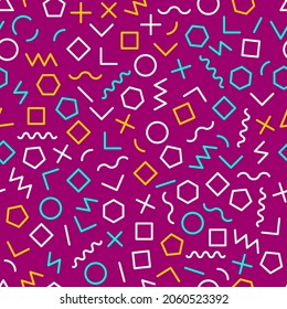 Geometrischer abstrakter Hintergrund im Stil von Memphis. Nahtloses kreatives Retro-Muster mit geometrischen Formen. Hipster-Textur. Vektorgrafik