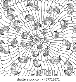 Geometric abstract background with swirls and petals. Zen tangle. Black and white template for card, invitation, textile and wrapping. Adult coloring books. Hand draw vector Illustration.