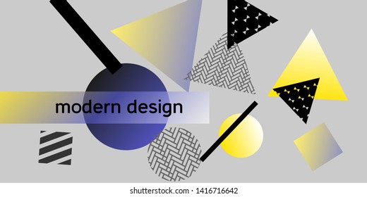 Geometric abstract background with trendy isometric shapes. Minimal universal banner templates in memphis style. Dynamic composition. Vector illustration.