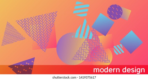 Geometric abstract background with trendy isometric shapes. Minimal universal banner templates in memphis style. Dynamic composition. Vector illustration.