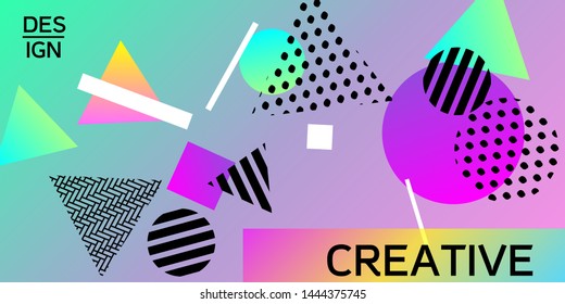 Geometric abstract background with trendy isometric shapes. Minimal universal banner templates in memphis style. Dynamic composition. Vector illustration.