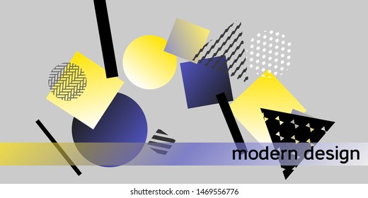 Geometric abstract background with trendy isometric shapes. Minimal universal banner templates in memphis style. Dynamic composition. Vector illustration.
