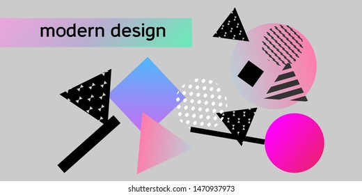 Geometric abstract background with trendy isometric shapes. Minimal universal banner templates in memphis style. Dynamic composition. Vector illustration.