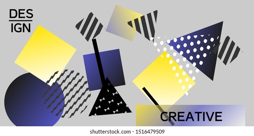 Geometric abstract background with trendy isometric shapes. Minimal universal banner templates in memphis style. Abstract minimalistic background design with dynamic shapes. Vector illustration.