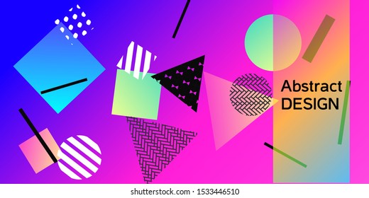 Geometric abstract background with trendy isometric shapes. Minimal universal banner templates in memphis style. Dynamic composition. Vector illustration.