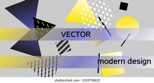 Geometric abstract background with trendy isometric shapes. Minimal universal banner templates in memphis style. Dynamic composition. Vector illustration.