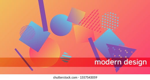 Geometric abstract background with trendy isometric shapes. Minimal universal banner templates in memphis style. Dynamic composition. Vector illustration.