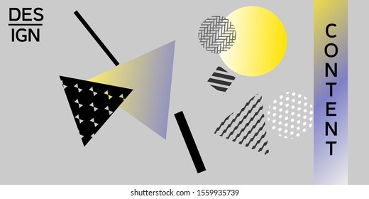 Geometric abstract background with trendy isometric shapes. Minimal universal banner templates in memphis style. Dynamic composition. Vector illustration.