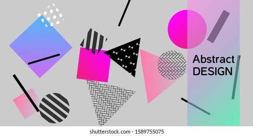 Geometric abstract background with trendy isometric shapes. Minimal universal banner templates in memphis style. Abstract minimalistic background design with dynamic shapes. Vector illustration.