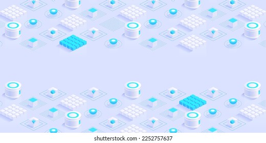 Geometrischer abstrakter Hintergrund mit trendigen isometrischen Formen, Würfeln und dynamischer Komposition. Digitales Datenkonzept mit 3D-Perspektiven. Vektorgrafik