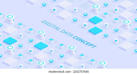 Geometric abstract background with trendy isometric shapes, cubes and dynamic composition. Digital data concept with 3d perspective elements. Vector illustration