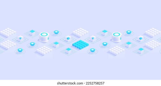 Geometric abstract background with trendy isometric shapes, cubes and dynamic composition. Digital data concept with 3d perspective elements. Vector illustration