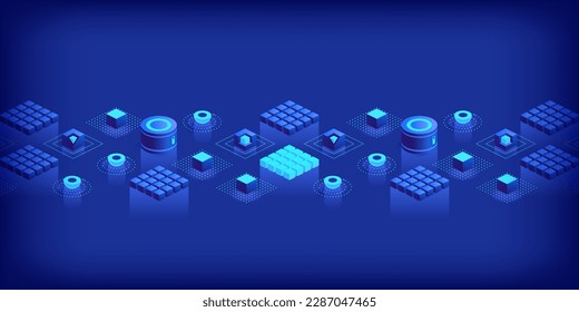 Geometric abstract background with trendy isometric shapes, cubes and dynamic composition. Digital data concept with 3d perspective elements. Vector illustration