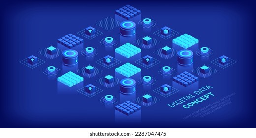 Geometric abstract background with trendy isometric shapes, cubes and dynamic composition. Digital data concept with 3d perspective elements. Vector illustration