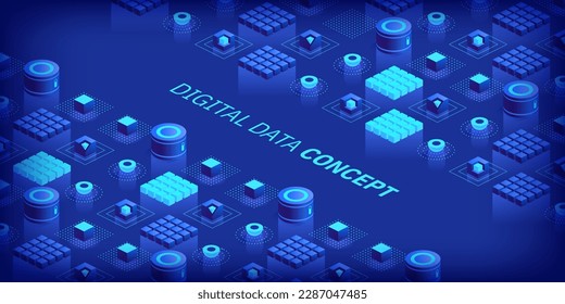 Fondo geométrico abstracto con formas isométricas, cubos y composición dinámica. Concepto de datos digitales con elementos de perspectiva 3d. Ilustración del vector