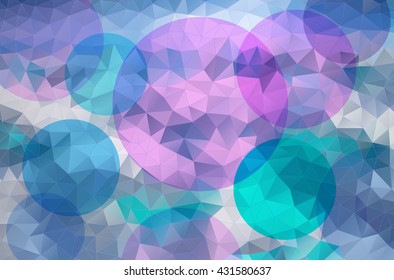 Geometric abstract background with triangles and circles. Polygonal pattern in pink, lilac, blue tones. Winter design.