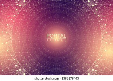 Geometric abstract background tunnel or wormhole with connected line and dots. Futuristic wormhole 3d space time portal visualization. Wireframe tunnel grid texture background. Vector illustration.