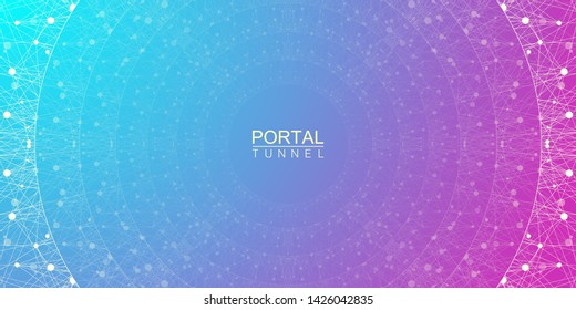 Geometric Abstract Background Tunnel Or Wormhole With Connected Line And Dots. Futuristic Wormhole 3d Space Time Portal Visualization. Wireframe Tunnel Grid Texture Background. Vector Illustration.