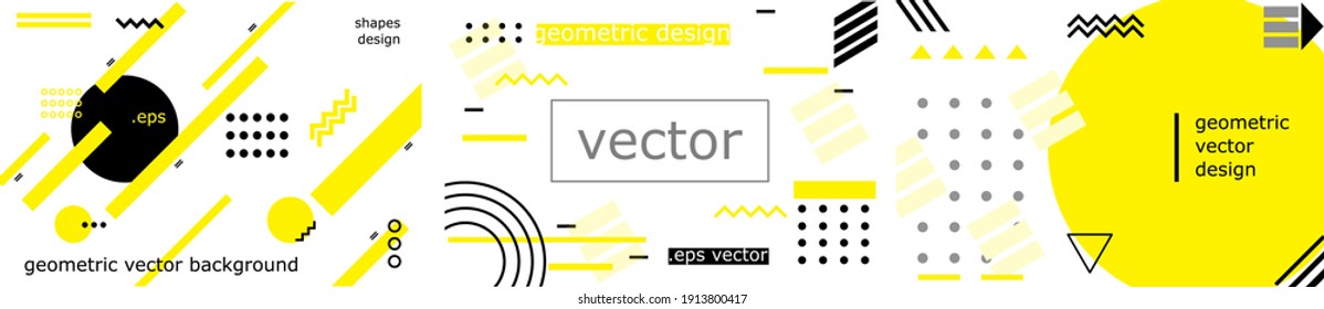 Geometric abstract background vector set. Black, white and yellow color minimalist design wallpapers. Creative vector icons background for banner, flyer, cover, poster or template