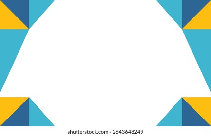 Geometric abstract background with yellow, blue, and turquoise triangle shapes framing a clean white center. Ideal for banners, flyers, and presentation templates with modern design appeal.