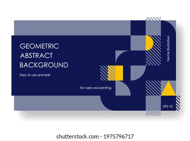 Geometric Abstract Backgrounds Design. Composition of simple geometric shapes on a blue background. For use in Presentation, Flyer and Leaflet, Cards, Landing, Website Design. Vector illustration.