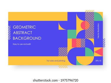 Geometric Abstract Backgrounds Design. Composition of simple geometric shapes on a blue background. For use in Presentation, Flyer and Leaflet, Cards, Landing, Website Design. Vector illustration.