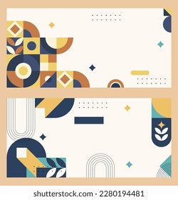 Geometric Abstract Backgrounds Design. Composition of simple geometric shapes on a blue background. For use in Presentation, Flyer and Leaflet, Cards, Landing, Website Design. Vector illustration.
