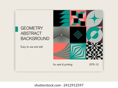 Design abstrakter geometrischer Hintergründe. Zusammensetzung einfacher geometrischer Formen auf beigem Hintergrund. Zur Verwendung in Präsentation, Flyer und Faltblatt, Karten, Landung, Website Design. Vektorgrafik.