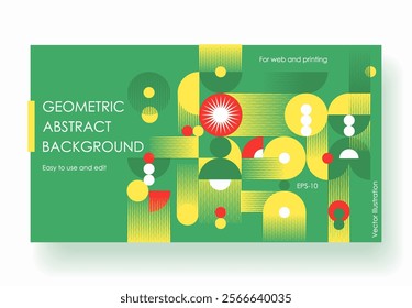 Geometric Abstract Backgrounds Design. Composition of simple geometric shapes on a white background. For use in Presentation, Flyer and Leaflet, Cards, Landing, Website Design. Vector illustration.