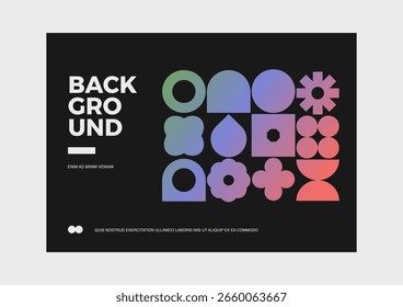 Geometric Abstract Backgrounds Design. Gradient composition of simple geometric shapes. For use in Presentation, Flyer and Leaflet, Cards, Landing, Website Design. Vector illustration.
