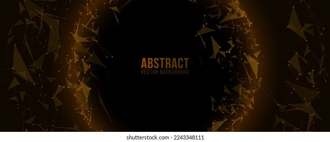 Geometric abstract banner of flying plexus triangles on black background. Futuristic background for your design. Vector illustration. EPS 10
