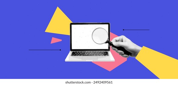 Geometric abstract bg with halftone collage elements. Hand hold magnifying glass and searching at the laptop screen. App cover mockup. Bold and bright popart banner. Vector illustration