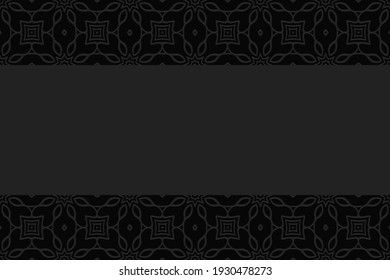 Geometric abstract black background. Volumetric composition from a relief ethnic pattern. Horizontal inserts with 3D effect of a convex shape inspired by the peoples of the East.
