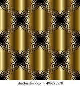 Geometric abstract  black modern vector seamless pattern background wallpaper illustration with 3d volumetric  shiny gold radial spiral circles.