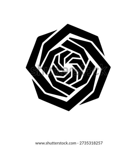 Geometric abstract black rose logo design, stylized flower pattern with sharp edges and a central spiral for branding and identity