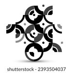 Geometric abstract black and white art, vector geometrical background with tiles of circles and other shapes, stripy texture modernism style linear motif, creative design.