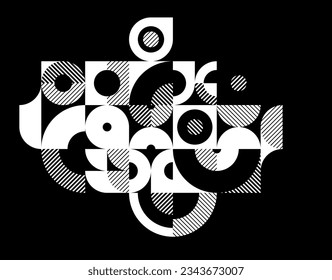 Geometric abstract black and white art, vector geometrical background with tiles of circles and other shapes, stripy texture modernism style linear motif, creative design.