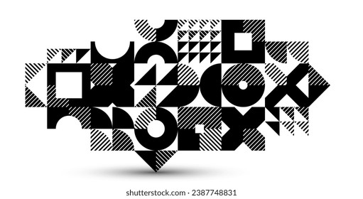 Geometric abstract black and white art, vector geometrical background with tiles of circles and other shapes, stripy texture modernism style linear motif, creative design.