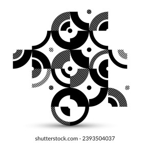 Geometric abstract black and white art, vector geometrical background with tiles of circles and other shapes, stripy texture modernism style linear motif, creative design.