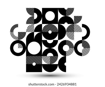 Geometric abstract black and white art, vector geometrical background with tiles of circles and other shapes, stripy texture modernism style linear motif, creative design.