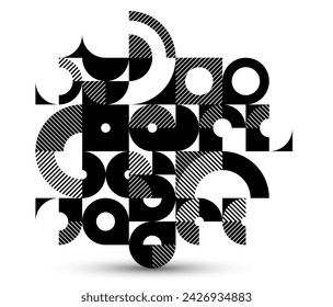 Geometric abstract black and white art, vector geometrical background with tiles of circles and other shapes, stripy texture modernism style linear motif, creative design.