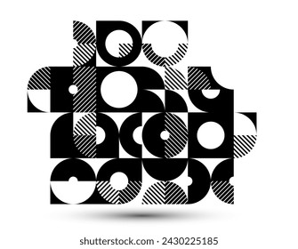 Geometric abstract black and white art, vector geometrical background with tiles of circles and other shapes, stripy texture modernism style linear motif, creative design.