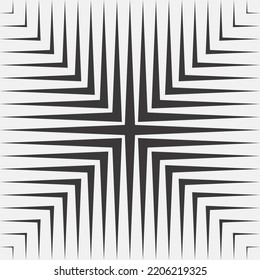 Geometric abstract black and white background. Four isosceles right triangles converging at vertices in center. Each triangle shaded with lines expanding towards catheti and thinning towards base.