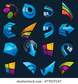 Geometric abstract blue vector shapes. Collection of arrows, navigation pictograms and multimedia signs, for use in web and graphic design.