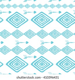 Geometric abstract blue and white seamless hand drawn texture designs for backgrounds. Modern pattern made from rhombus and arrows.  Pattern Swatches. Indian style.