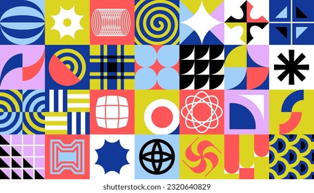 Geometric abstract bold shapes. Trendy geometry. Crowns and stars and daisy flowers. Set with different shapes