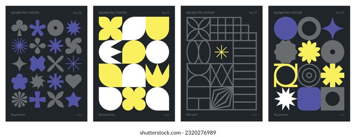 Geometric abstract brutalist and black posters. Trendy flat vector patterns for covers, invitations, cards, banners or wall art. Futuristic and creative backgrounds with geometric shapes and symbols. 