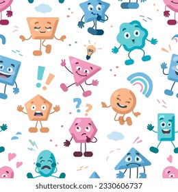 geometric abstract characters pattern. multicolored geometric figures shaped characters with different face emoji. vector funny characters